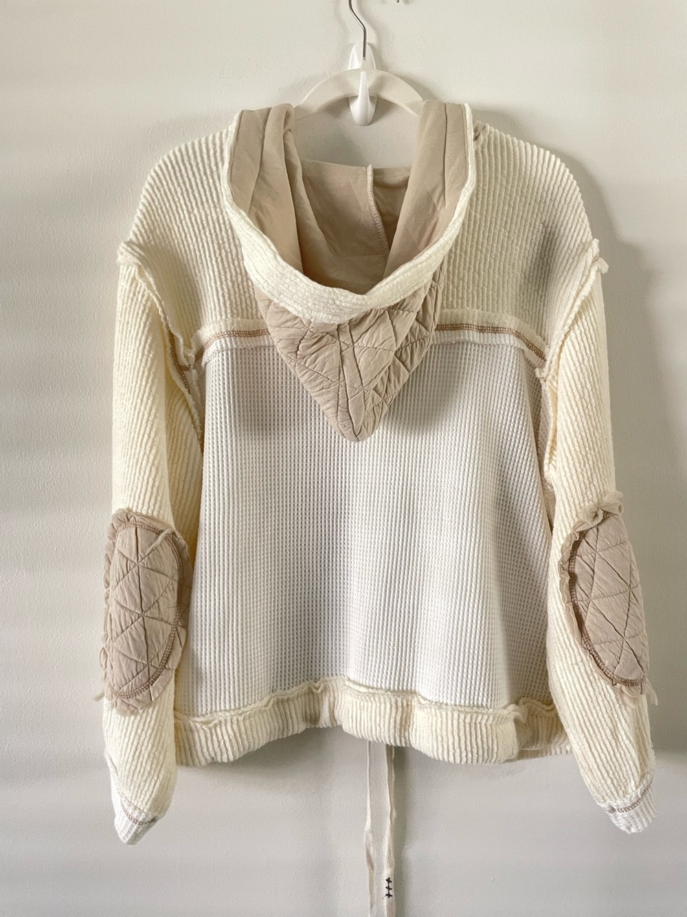 POL Quilted Waffle Knit Hooded Jacket Sz L Cream Tan Boxy Slouchy Granola Boho - Picture 3 of 9